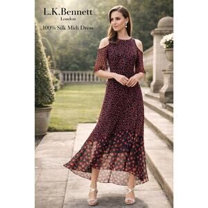 L K Bennett Shauna SILK Chiffon Midi Dress Floral Cold Shoulder Ruffle Hem US 4